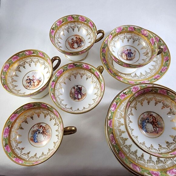 Vintage Demitasse Tea Cup Saucer 12pc Set Pink Rose Gold Gilt Victorian China 2" - Picture 7 of 11